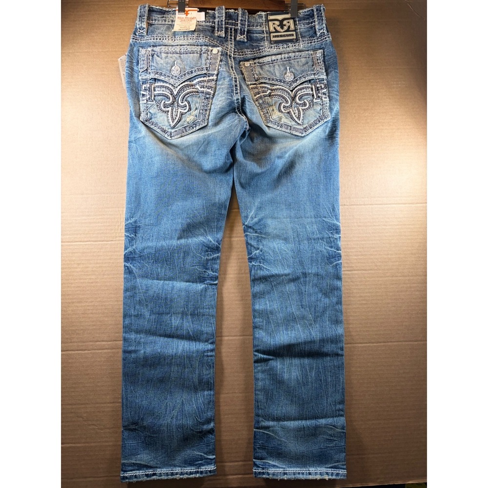 Rock Revival Slim Straight Jeans Mens 34/32 Blue Bisque SJ206 Heavy Stitch NWT